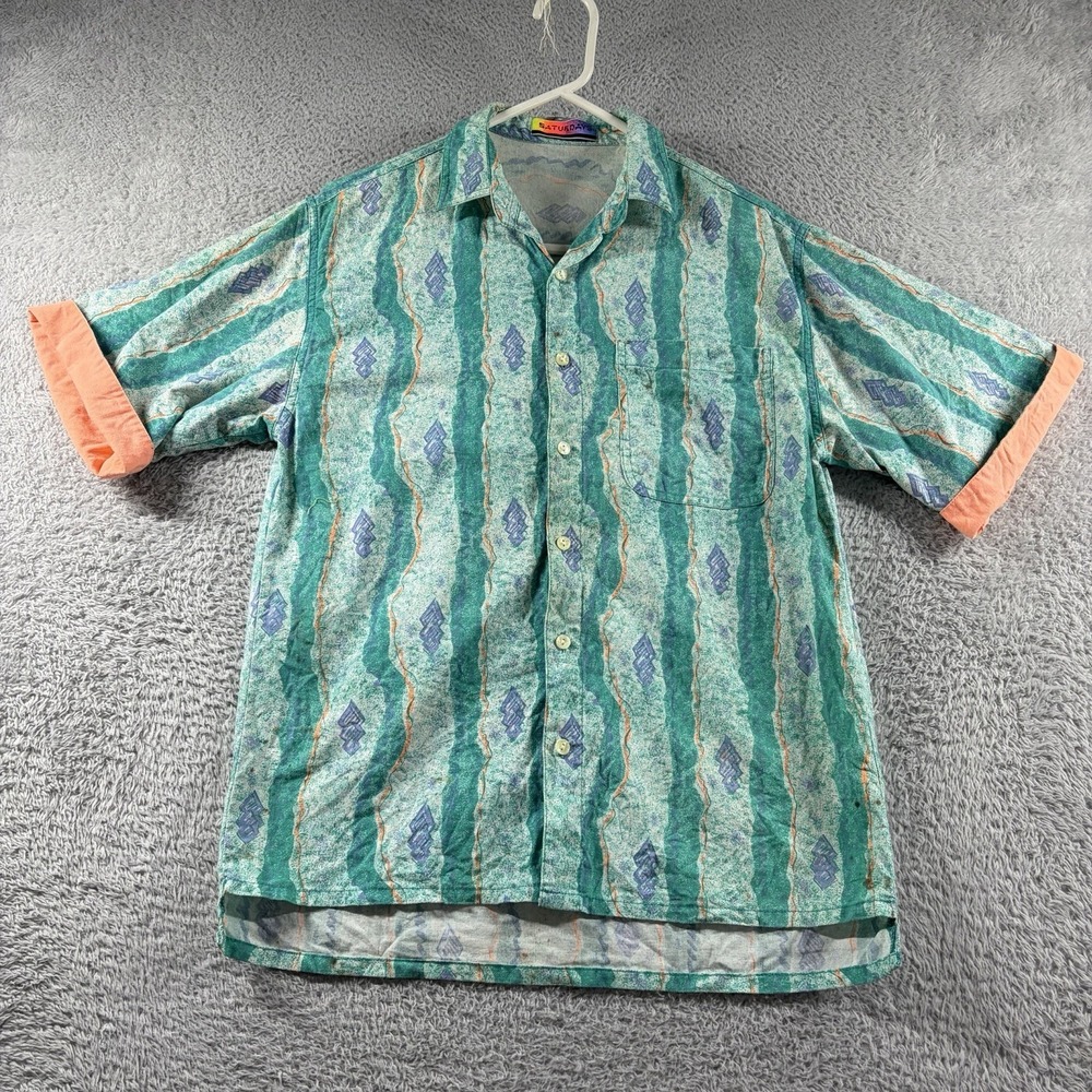Vintage Saturdays Button Up Shirt Mens Small 80s 90s Colorful Loud Patterns Surf